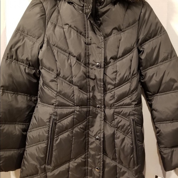 London Fog Faux Fur Trim Hooded Zip Jacket Puffer Coat Gun Metal XS New - Picture 2 of 6